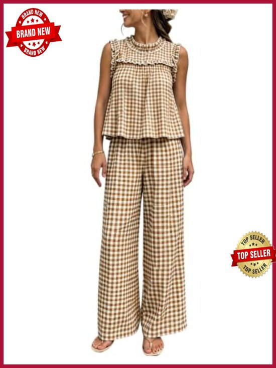 Other - Women's 2 Piece Plaid Sets Sleeveless Peplum Top Wide Leg Pants Matching Lounge